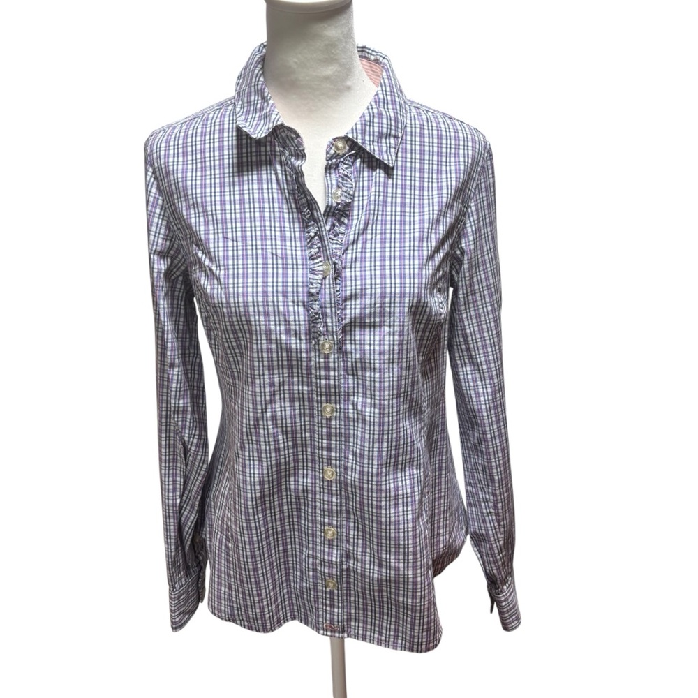 Vineyard Vines Womens Purple Plaid Ruffle Front Button Down Shirt Size 8 # 736